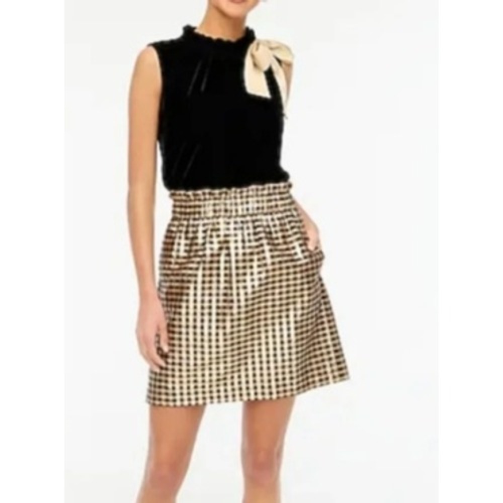 J.Crew Mini Skirt L Gold Metallic Gingham BM055 Holiday Party Glam Pull On